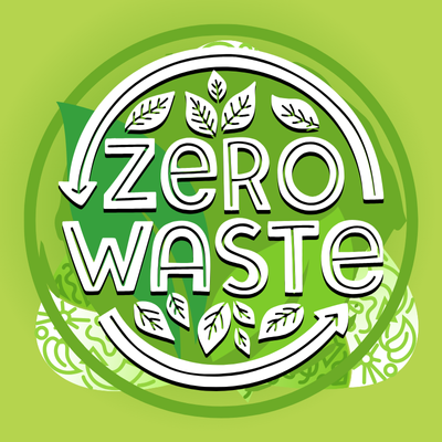 循環している矢印の真ん中にテキストでzero waste、周りに葉っぱ